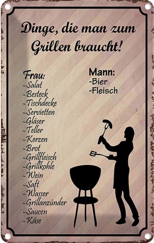 Blechschild 30x20 cm Dingen die zum Grillen braucht Essen Trinken