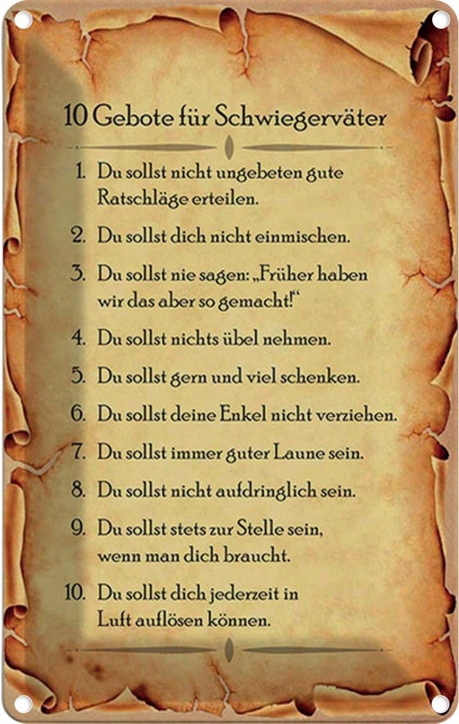 Blechschild 30x20 cm 10 Gebote für Schwiegerväter Dekoration
