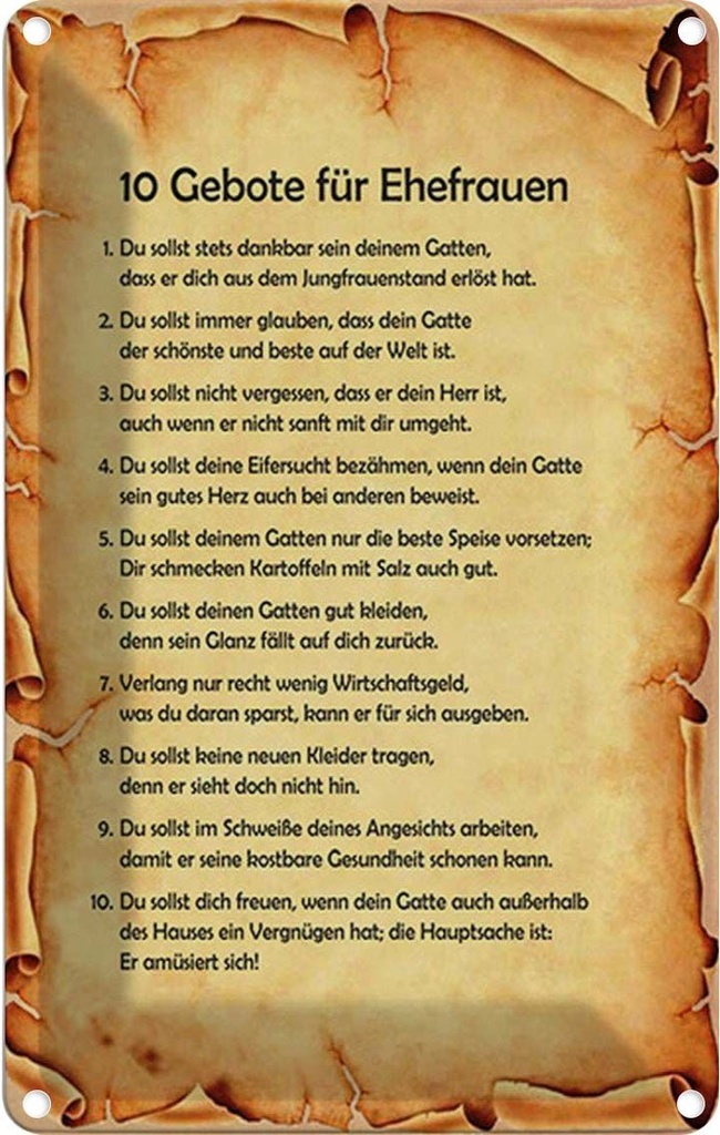 Blechschild 30x20 cm 10 Gebote für Ehefrauen Männer Frauen Spruch Zitat