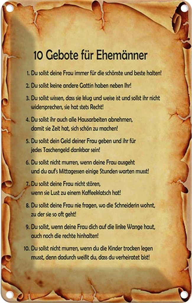 Blechschild 30x20 cm 10 Gebote für Ehemänner Männer Frauen Spruch Zitat
