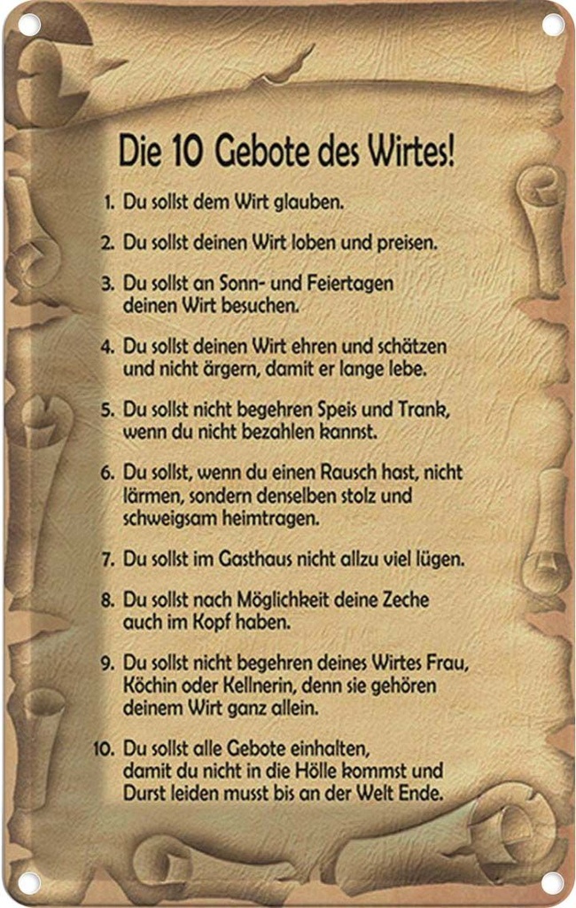 Blechschild 30x20 cm die 10 Gebote des Wirtes Dekoration Spruch Zitat