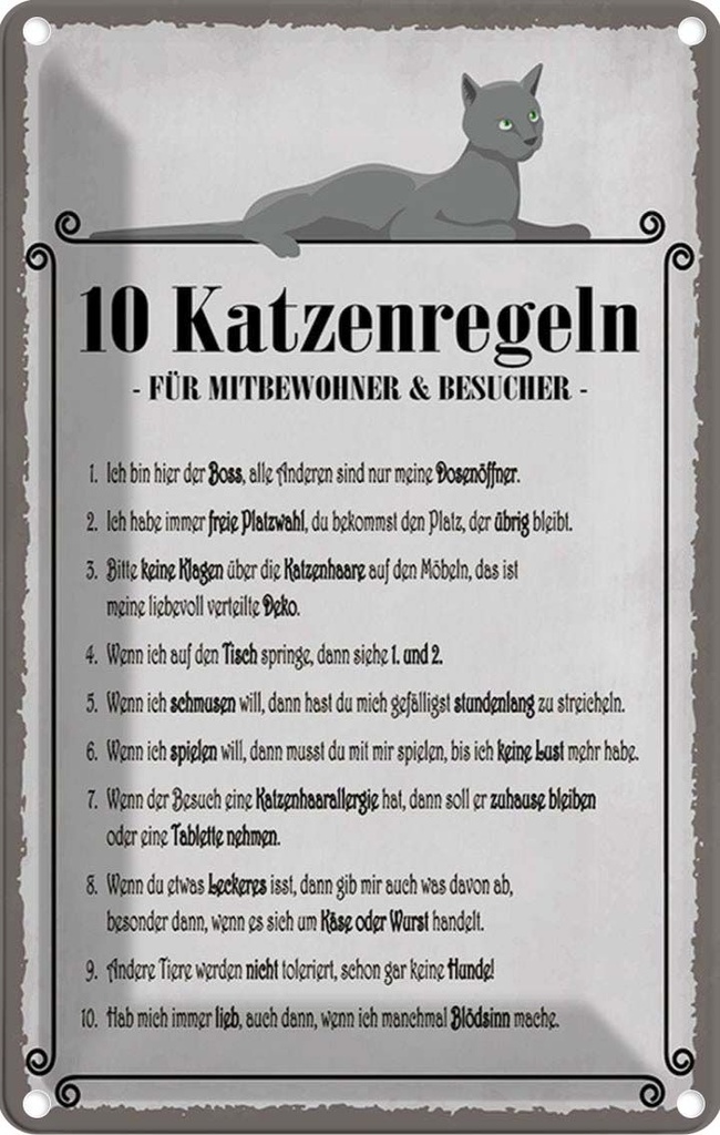 Blechschild 30x20 cm 10 Katzenregeln ich bin der Boss