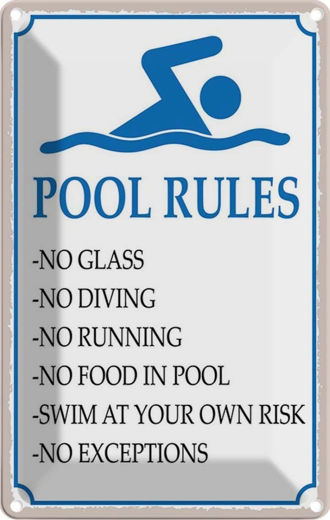 Blechschild 30x20 cm Pool Rules No glass diving Warnschild Hinweisschild Sicherheit Vorsicht