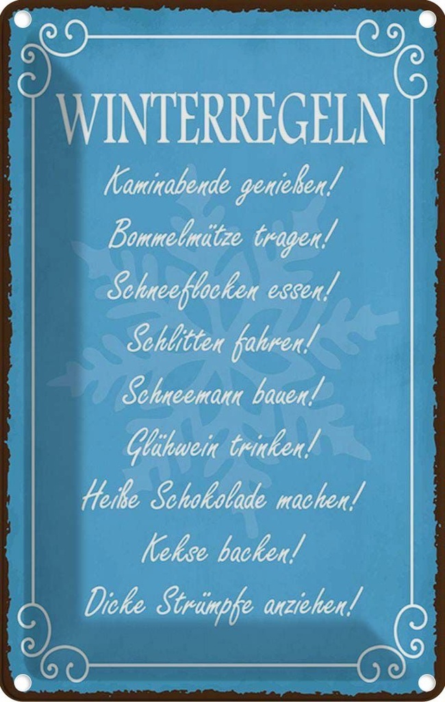Blechschild 30x20 cm Winterregel Kaminabende Glühwein Spruch Zitat