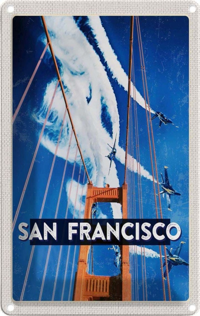 Blechschild 30x20 cm San Francisco Brücke Flugzeug Himmel Bildmotiv Reisemotiv Abenteuer Reisen Urlaub