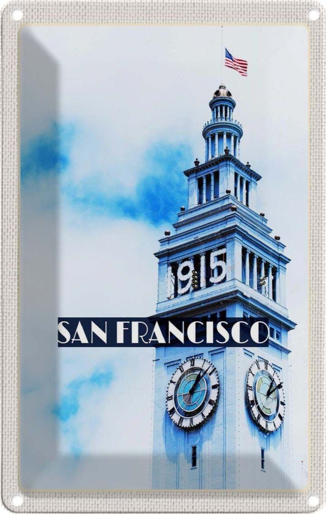 Blechschild 30x20 cm San Francisco Urlaub Gebäude USA Flagge Turm Bildmotiv Reisemotiv Abenteuer Reisen