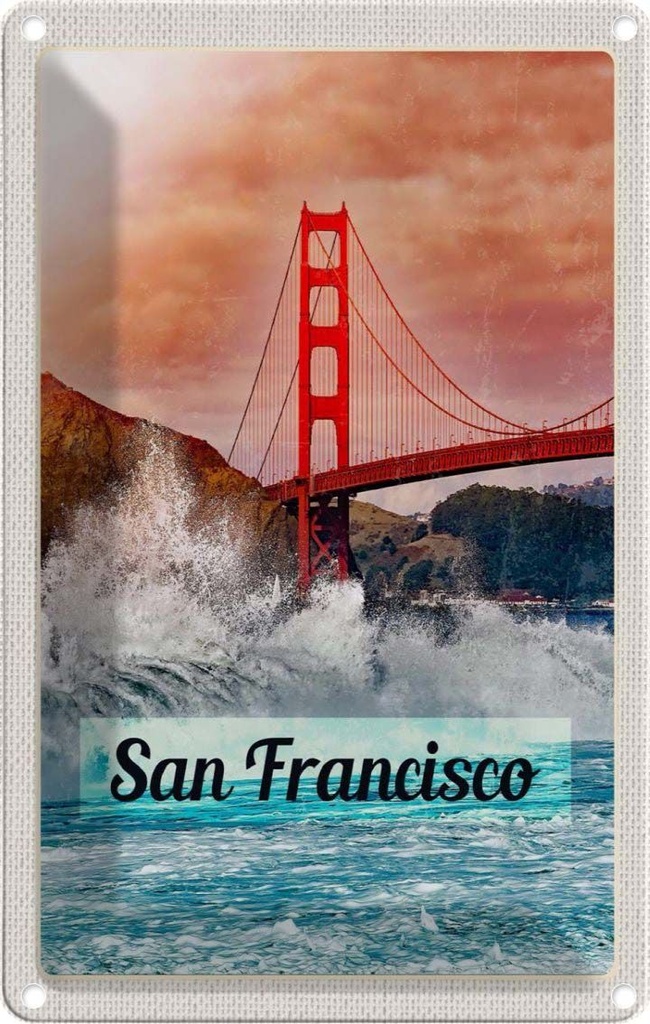 Blechschild 30x20 cm San Francisco Wellen Meer Brücke Bildmotiv Reisemotiv Abenteuer Reisen Urlaub