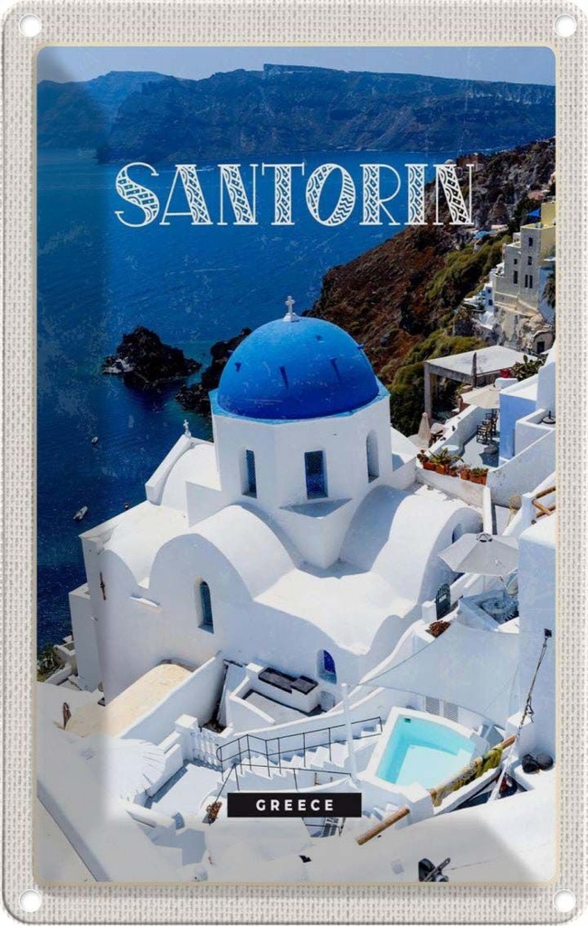 Blechschild 30x20 cm Santorini Greece Gebäude weiß blau Bildmotiv Reisemotiv Abenteuer Reisen Urlaub