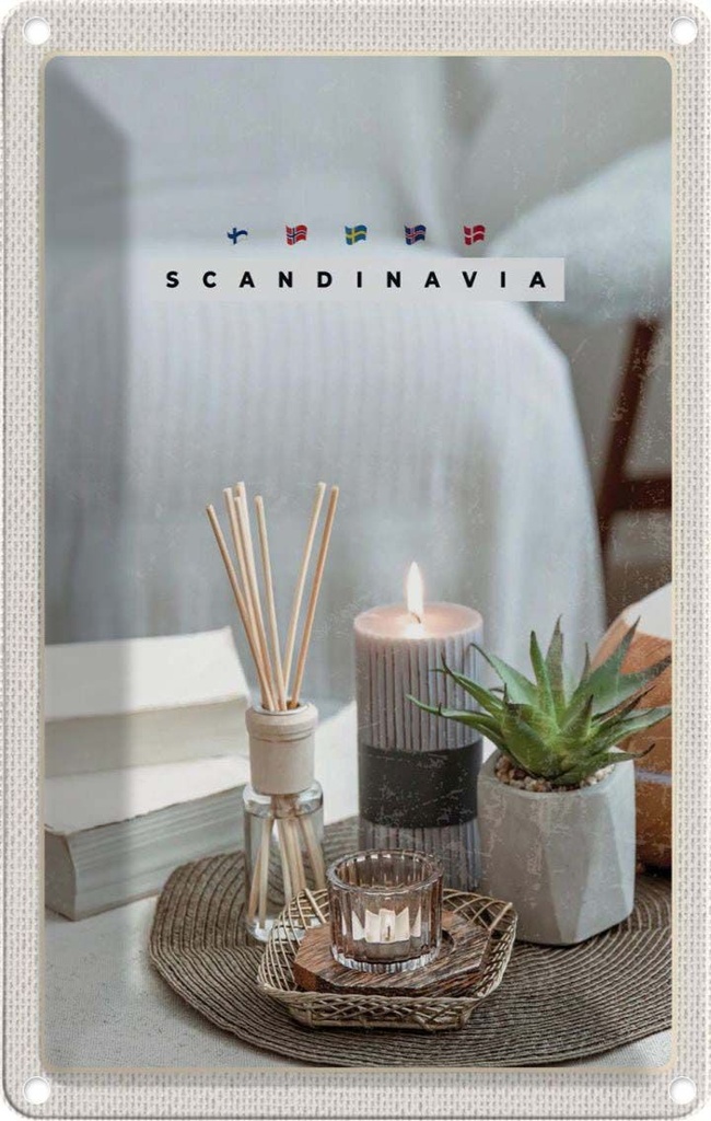 Blechschild 30x20 cm Skandinawien Kerze Vase Tischdecke Bildmotiv Reisemotiv Abenteuer Reisen Urlaub