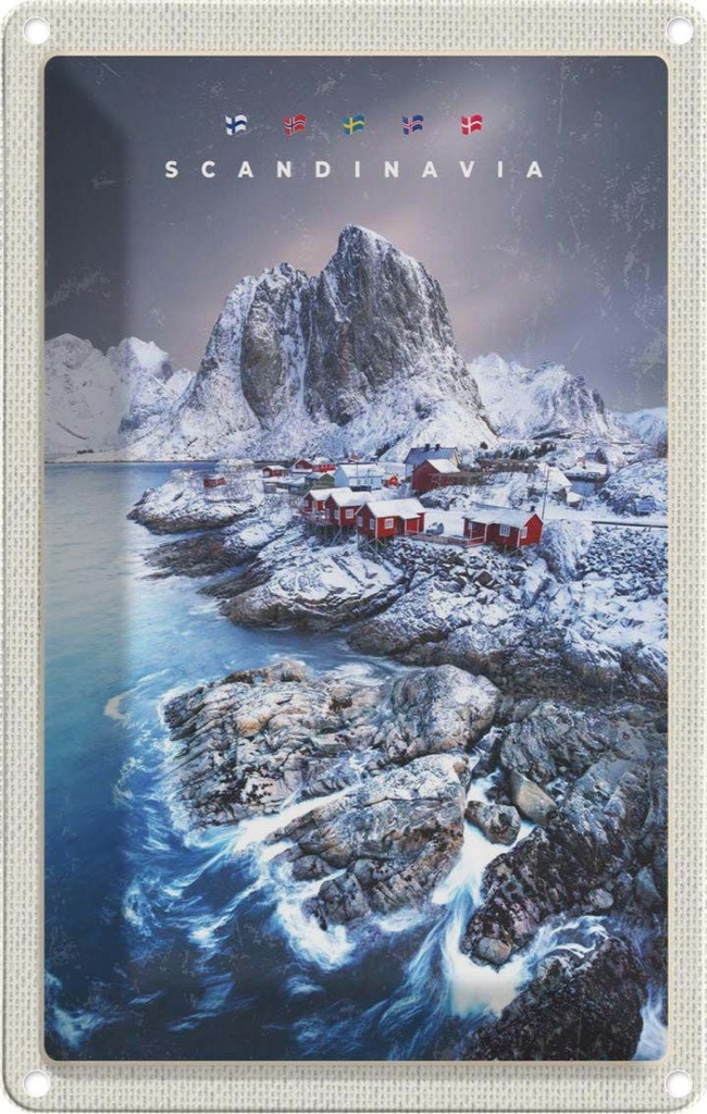 Blechschild 30x20 cm Skandinawien Schnee Meer Gebirge Bildmotiv Reisemotiv Abenteuer Reisen Urlaub