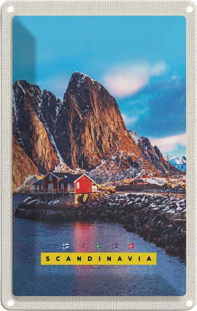 Blechschild 30x20 cm Skandinawien Gebirge Meer rote Häuser Bildmotiv Reisemotiv Abenteuer Reisen Urlaub