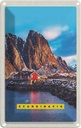 Blechschild 30x20 cm Skandinawien Gebirge Meer rote Häuser Bildmotiv Reisemotiv Abenteuer Reisen Urlaub