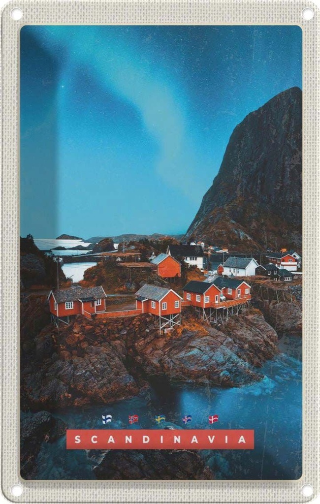 Blechschild 30x20 cm Skandinawien Meer Gebirge Bildmotiv Reisemotiv Abenteuer Reisen Urlaub