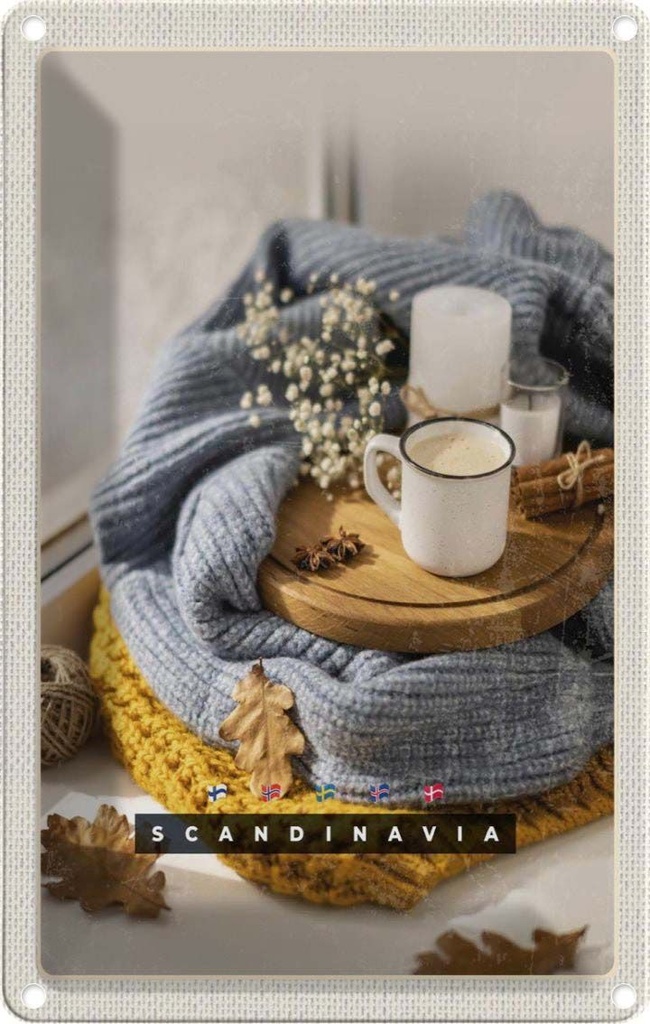 Blechschild 30x20 cm Skandinawien Wolle Kaffee Herbst Kerze Bildmotiv Reisemotiv Abenteuer Reisen Urlaub