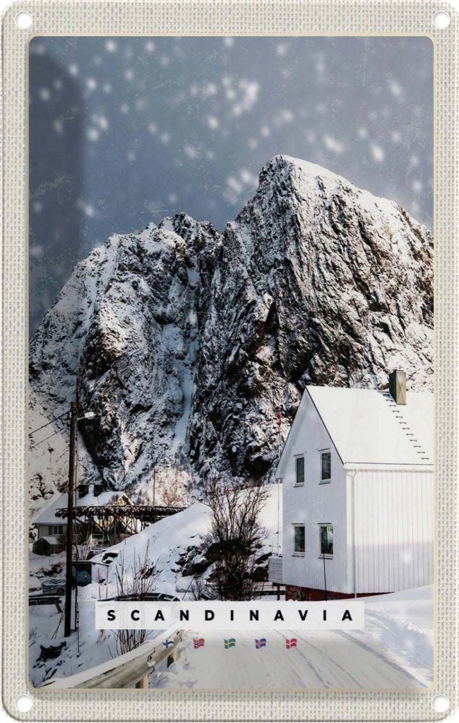 Blechschild 30x20 cm Skandinawien Schnee Winter Berg Haus Bildmotiv Reisemotiv Abenteuer Reisen Urlaub