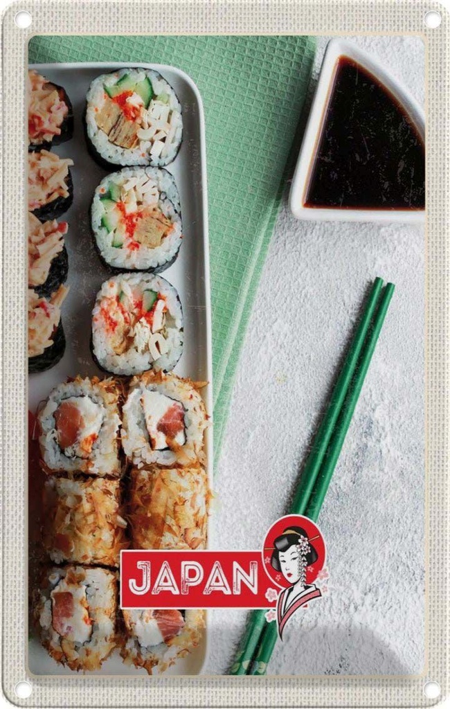 Blechschild 30x20 cm Japan Asien Urlaub Sushi Fisch Thunfisch Soße Bildmotiv Reisemotiv Abenteuer Reisen