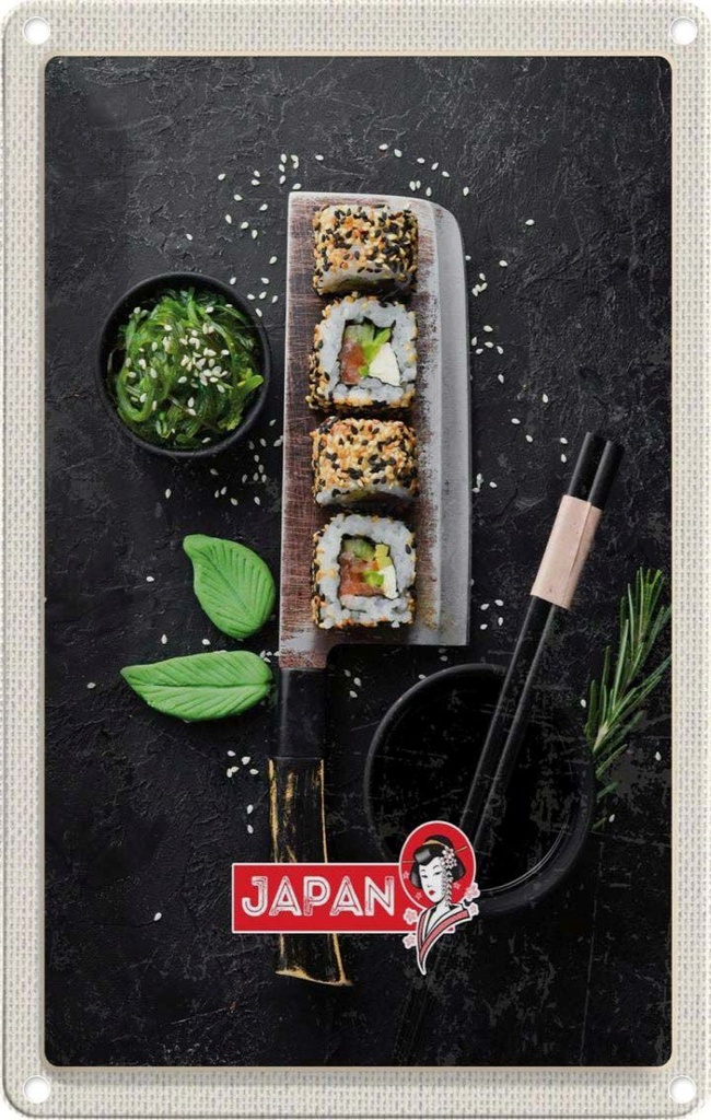 Blechschild 30x20 cm Japan Asien Urlaub Sushi Fisch Essen Stäbchen Bildmotiv Reisemotiv Abenteuer Reisen