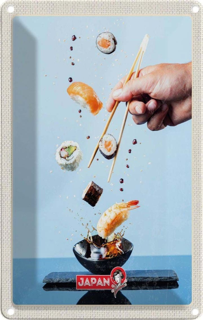 Blechschild 30x20 cm Japan Asien Urlaub Sushi Fisch Stäbchen essen Bildmotiv Reisemotiv Abenteuer Reisen