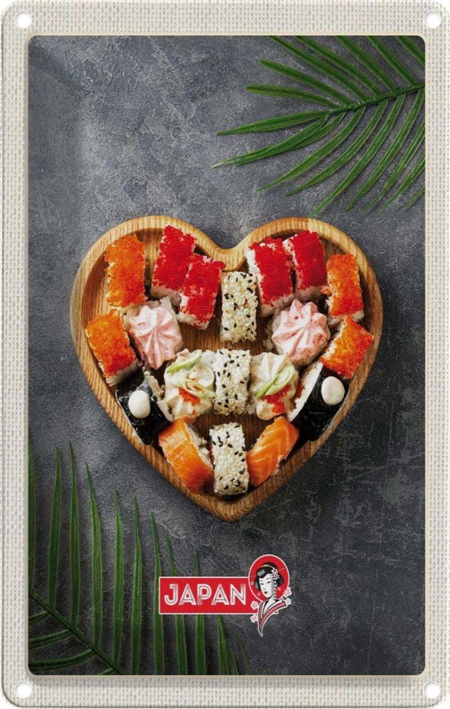 Blechschild 30x20 cm Japan Asien Urlaub Sushi soße Gurke Stäbchen Bildmotiv Reisemotiv Abenteuer Reisen