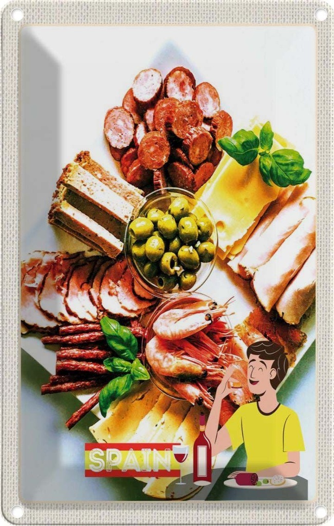 Blechschild 30x20 cm Spanien Europa Garnelen Oliven Wurst Bildmotiv Reisemotiv Abenteuer Reisen Urlaub