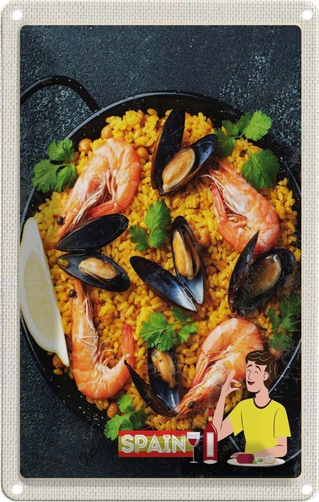 Blechschild 30x20 cm Spanien Europa Paella Reis Muscheln Bildmotiv Reisemotiv Abenteuer Reisen Urlaub