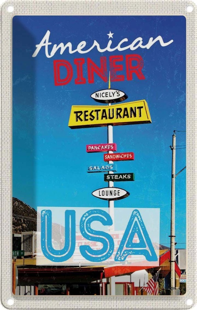 Blechschild 30x20 cm USA Restaurant Pancakes Steaks Salat Bildmotiv Reisemotiv Abenteuer Reisen Urlaub