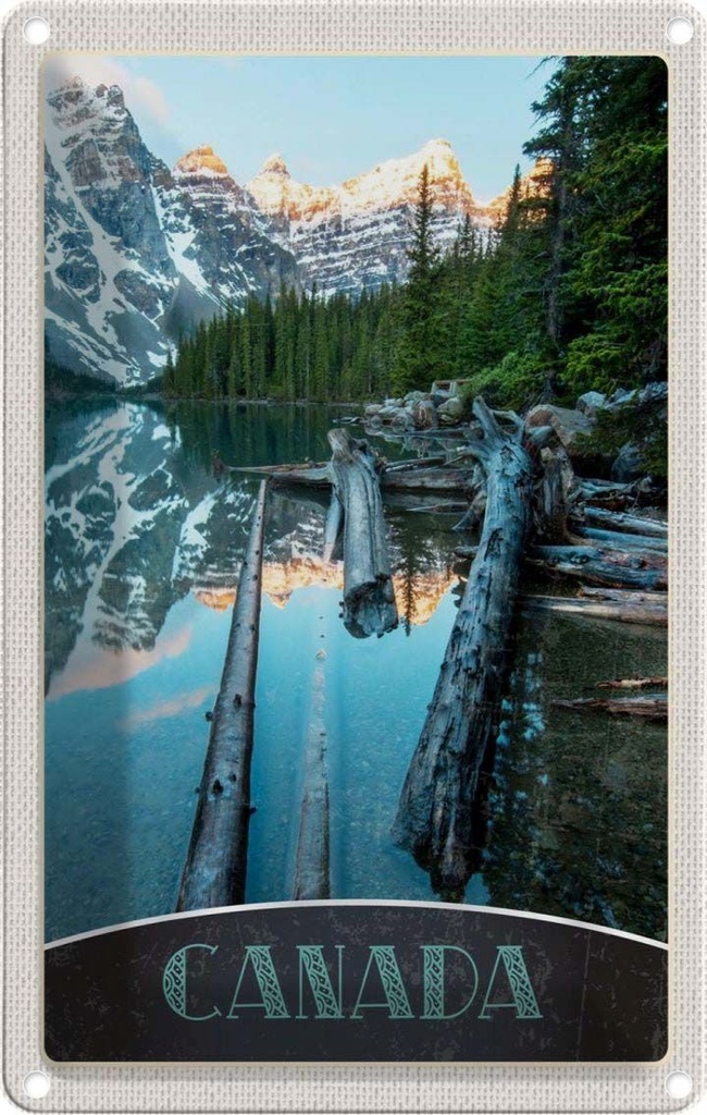 Blechschild 30x20 cm Kanada Winter Urlaub Schnee Natur Wald Fluss Bildmotiv Reisemotiv Abenteuer Reisen