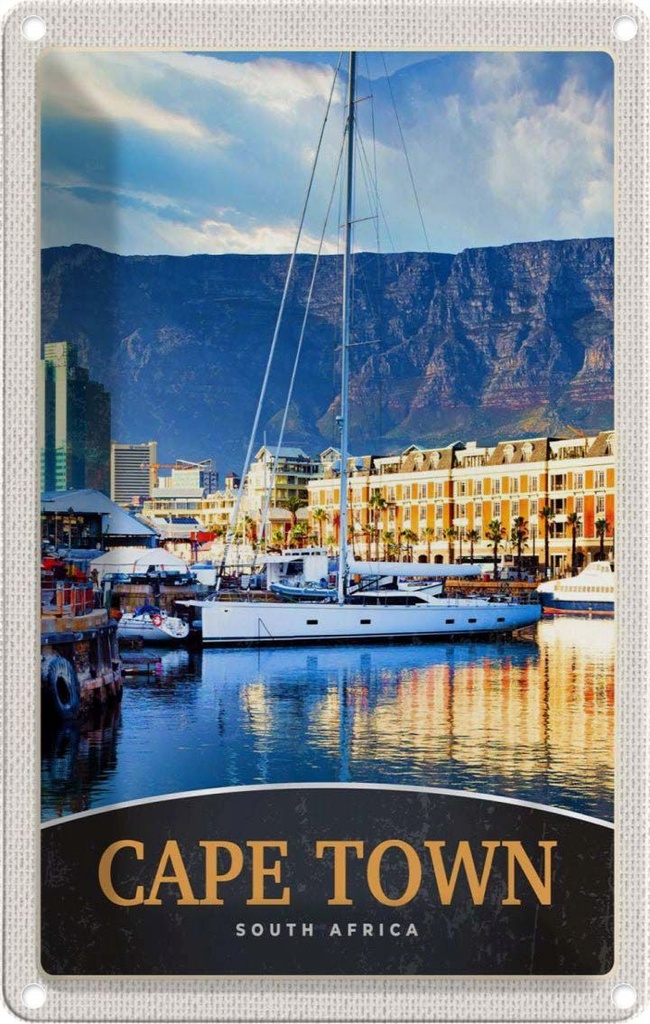 Blechschild 30x20 cm Kapstadt Südafrika Yacht Gebirge Meer Bildmotiv Reisemotiv Abenteuer Reisen Urlaub