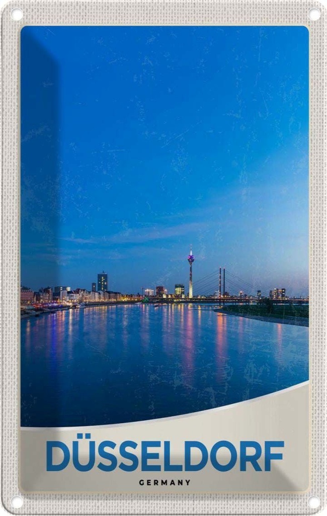 Blechschild 30x20 cm Düsseldorf Fluss Stadt Brücke Turm Bildmotiv Reisemotiv Abenteuer Reisen Urlaub