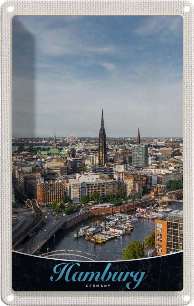 Blechschild 30x20 cm Hamburg Deutschland Hafen Stadt Boote Bildmotiv Reisemotiv Abenteuer Reisen Urlaub