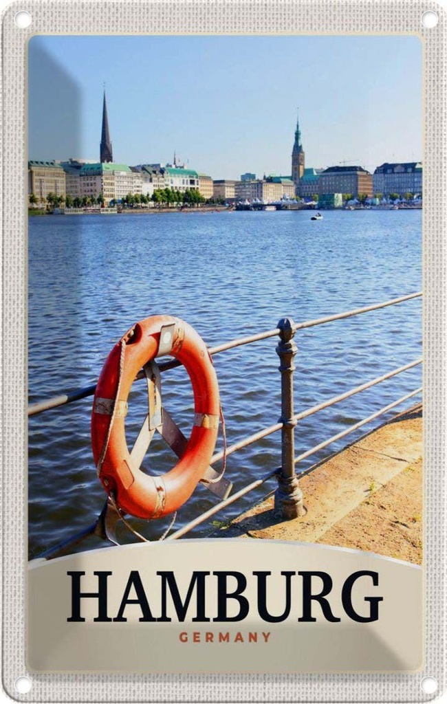 Blechschild 30x20 cm Hamburg Hafen Deutschland Fluss Stadt Bildmotiv Reisemotiv Abenteuer Reisen Urlaub
