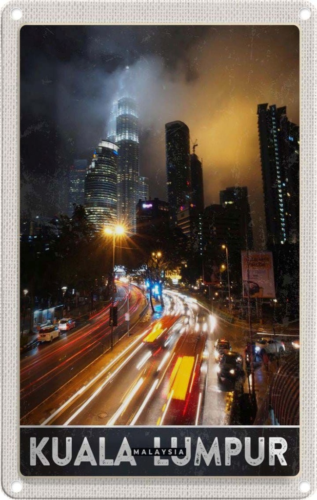 Blechschild 30x20 cm Kuala Lumpur Malaysia Asien Nacht Bildmotiv Reisemotiv Abenteuer Reisen Urlaub