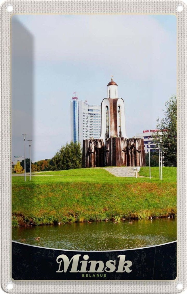 Blechschild 30x20 cm Minsk Belarus Fluss Skulptur Bildmotiv Reisemotiv Abenteuer Reisen Urlaub