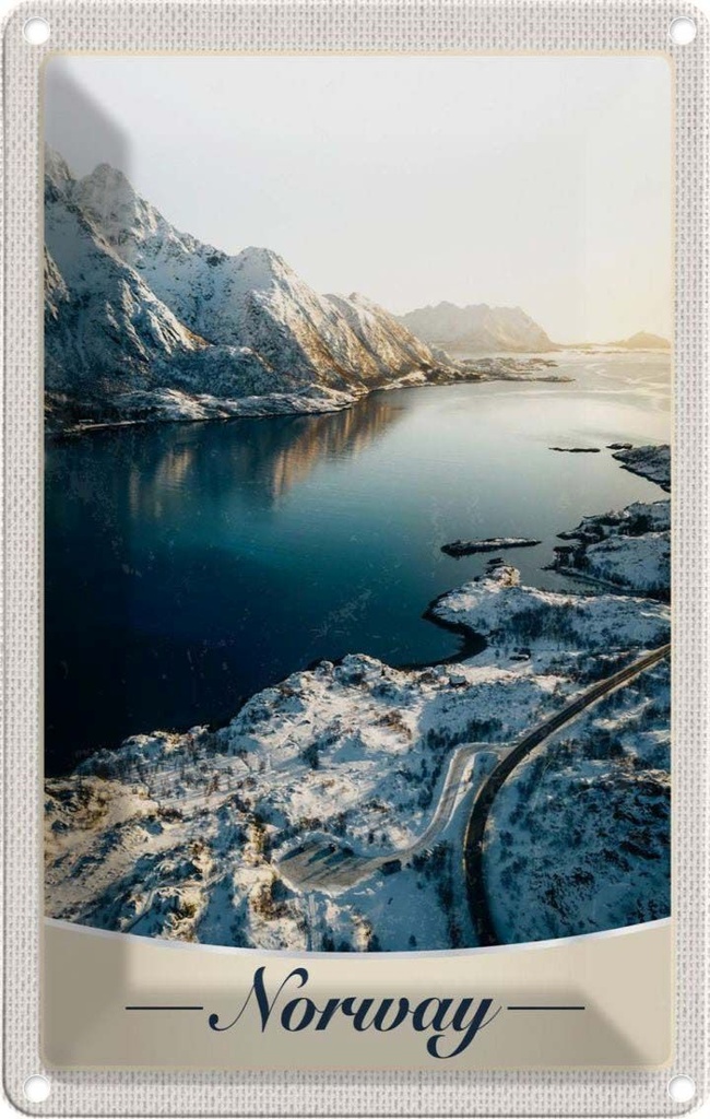 Blechschild 30x20 cm Norwegen Winterzeit Schnee Meer Bildmotiv Reisemotiv Abenteuer Reisen Urlaub