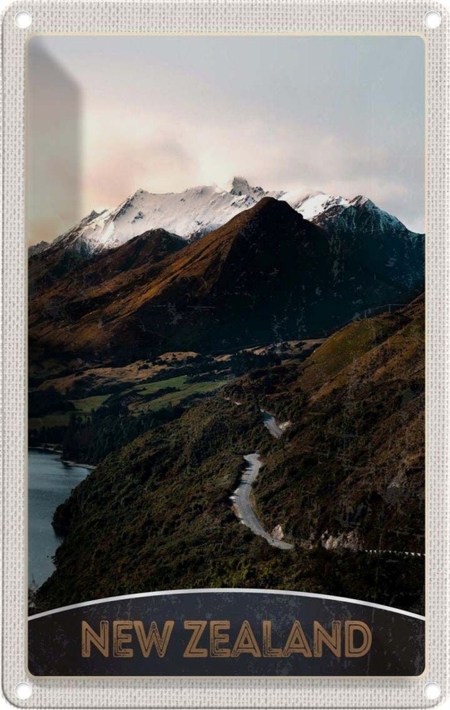 Blechschild 30x20 cm Neuseeland Gebirge Insel Stadt Straße Bildmotiv Reisemotiv Abenteuer Reisen Urlaub