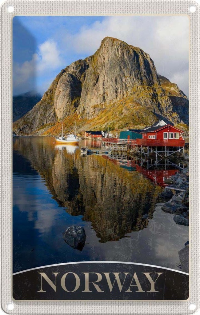 Blechschild 30x20 cm Norwegen Europa Urlaub See Häuser Boote Trip Bildmotiv Reisemotiv Abenteuer Reisen