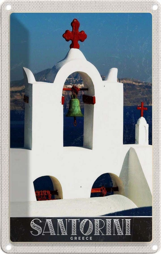 Blechschild 30x20 cm Santorini Innsel Meer Kreuz Kirche Bildmotiv Reisemotiv Abenteuer Reisen Urlaub