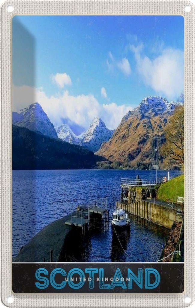 Blechschild 30x20 cm Schottland Insel Gebirge Schnee Trip Bildmotiv Reisemotiv Abenteuer Reisen Urlaub