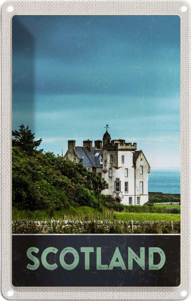 Blechschild 30x20 cm Schottland Europa Natur Wiese Haus Bildmotiv Reisemotiv Abenteuer Reisen Urlaub