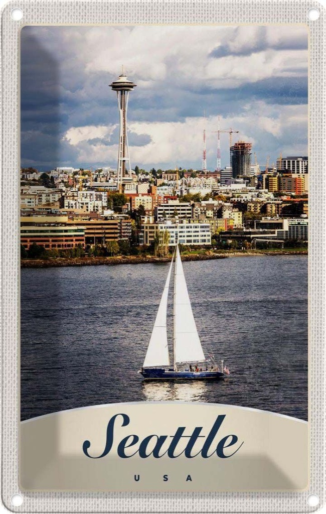 Blechschild 30x20 cm Seattle USA Urlaub Boot Schiff Stadt Meer Bildmotiv Reisemotiv Abenteuer Reisen