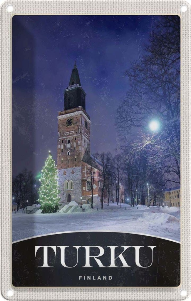 Blechschild 30x20 cm Turku Finnland Kirche Schnee Winter Bildmotiv Reisemotiv Abenteuer Reisen Urlaub