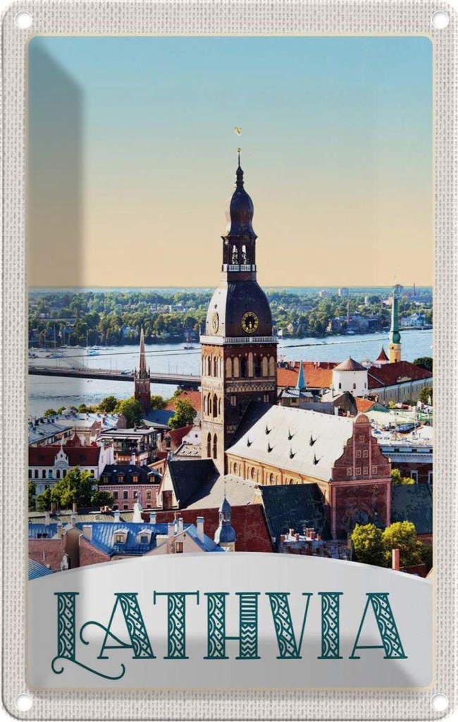 Blechschild 30x20 cm Lathvia Ausblick auf Stadt Brücke Bildmotiv Reisemotiv Abenteuer Reisen Urlaub