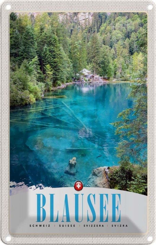 Blechschild 30x20 cm Blausee Schweiz Natur Wald Gebirge Bildmotiv Reisemotiv Abenteuer Reisen Urlaub