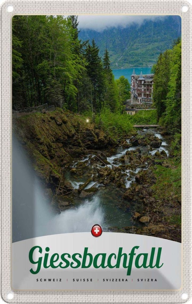 Blechschild 30x20 cm Giessbachfall Wald Wasserfall Natur Bildmotiv Reisemotiv Abenteuer Reisen Urlaub