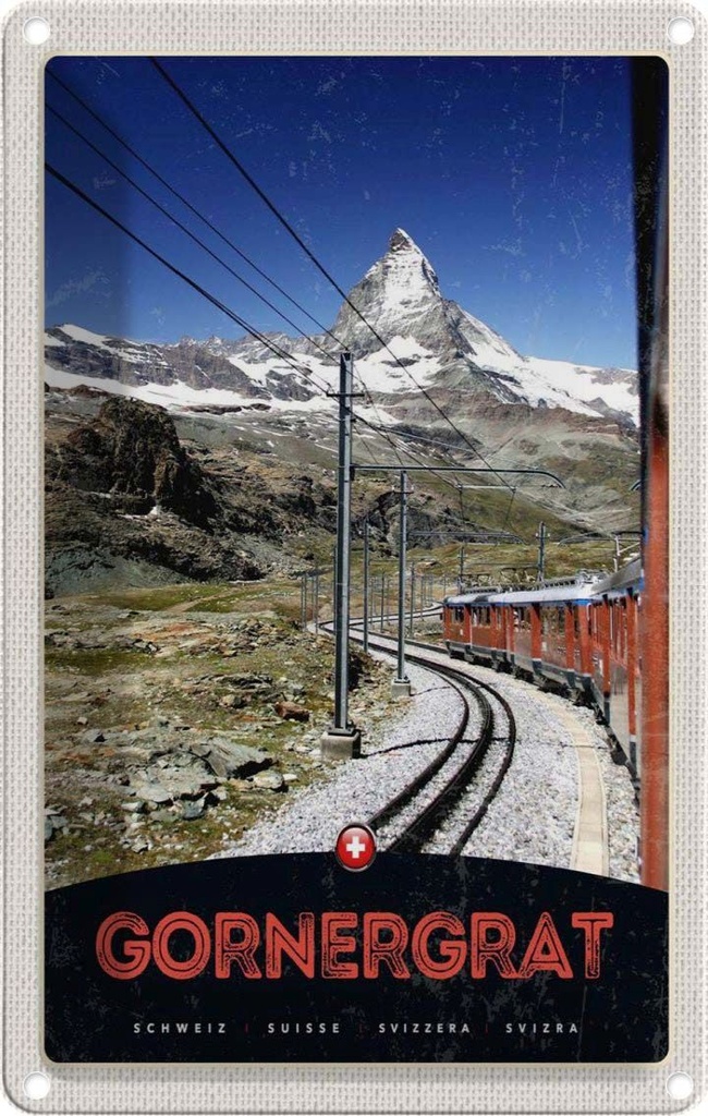 Blechschild 30x20 cm Gornergrat Schweiz Gebirge Schnee Bahn Bildmotiv Reisemotiv Abenteuer Reisen Urlaub