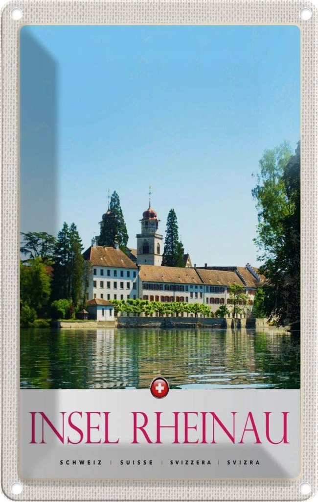 Blechschild 30x20 cm Insel Rheinau Schweiz Kirche Bildmotiv Reisemotiv Abenteuer Reisen Urlaub