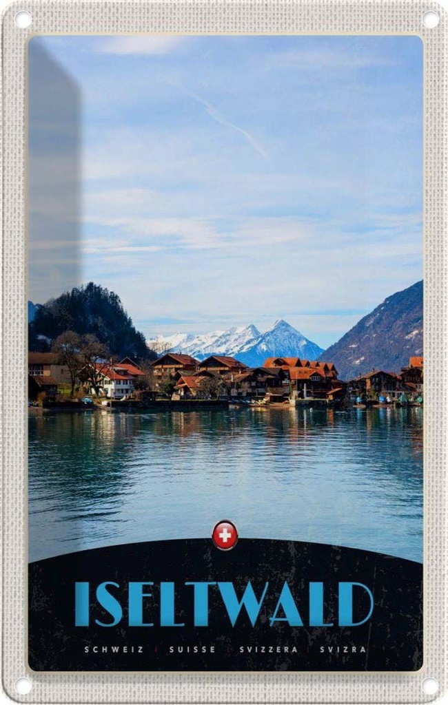 Blechschild 30x20 cm Iseltwald See Schnee Gebirge Bildmotiv Reisemotiv Abenteuer Reisen Urlaub