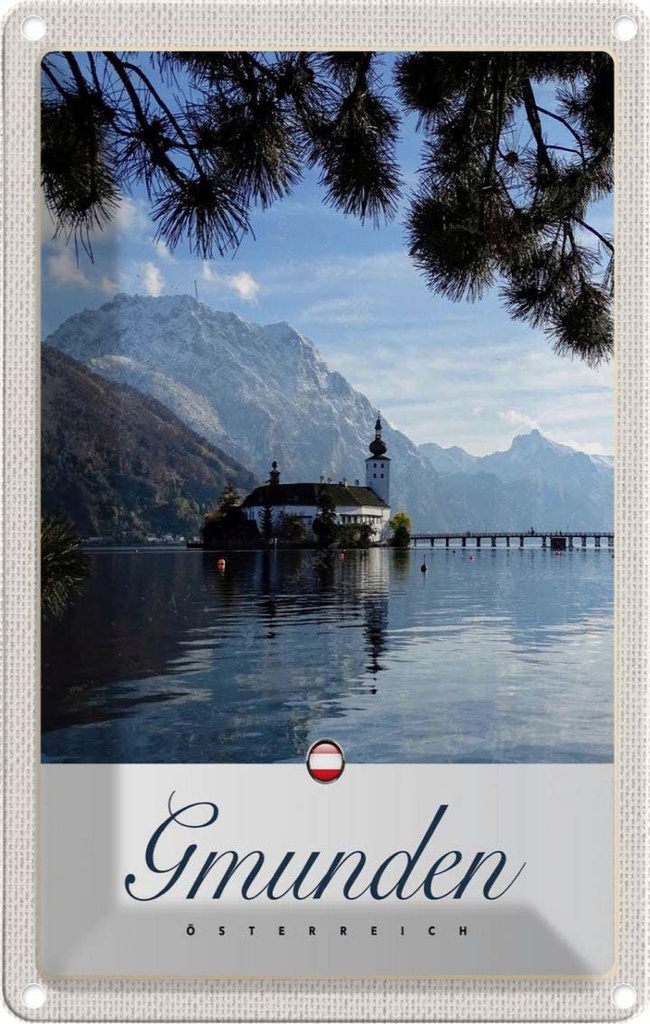 Blechschild 30x20 cm Gmunden Östereich Kirche Gebirge Natur Abenteuer Reisen Urlaub
