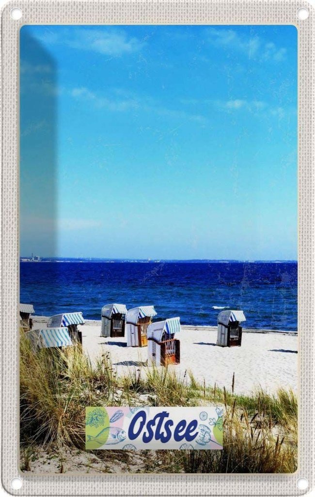 Blechschild 30x20 cm Ostsee Strand Urlaub Ebbe und Flut Strandkorb Bildmotiv Reisemotiv Abenteuer Reisen