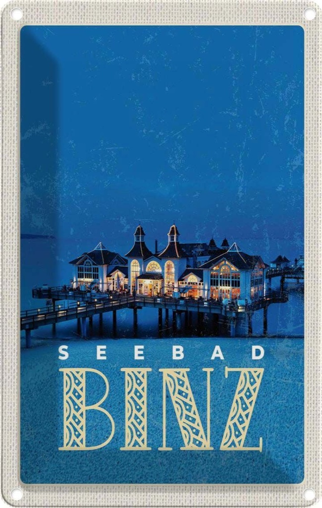Blechschild 30x20 cm Binz Seebad Haus Meer Abend Bildmotiv Reisemotiv Abenteuer Reisen Urlaub